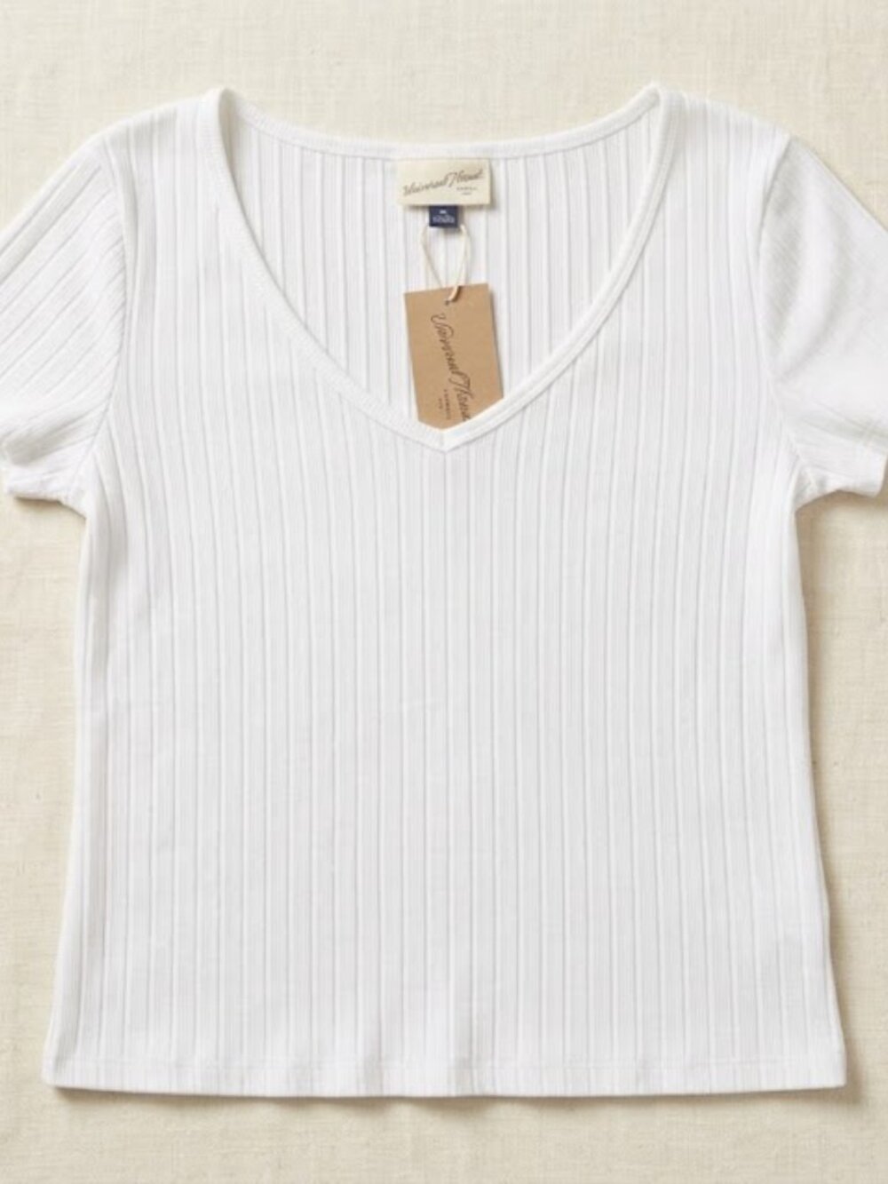 Women’s White Ribbed V-Neck Short Sleeve Top